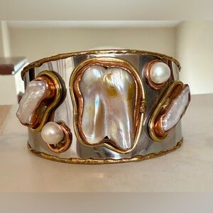 Vintage Gold and Silver Mother of Pearl Metal Cuff Bracelet